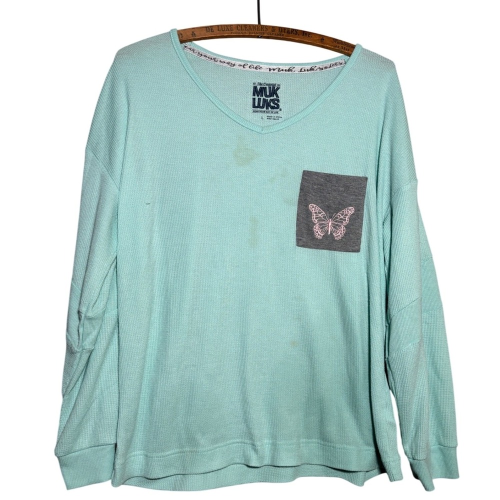 Muk Luks Womens Large Mint‎ Green Waffle Knit Butterfly Pocket Long Sleeve Top